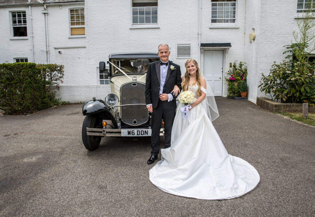 wedding car, bride and dad, Pembroke Lodge, wedding day.