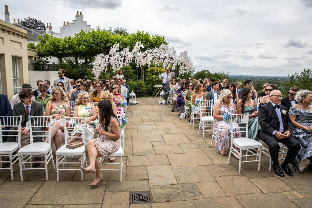 Guests, wedding reception, Pembroke Lodge, outside, Richmond.