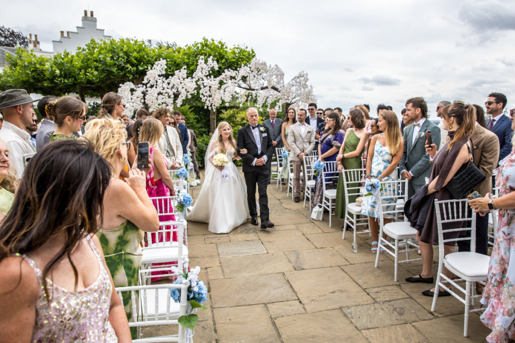 bride, dad, father of the bride, walking, wedding ceremony. 