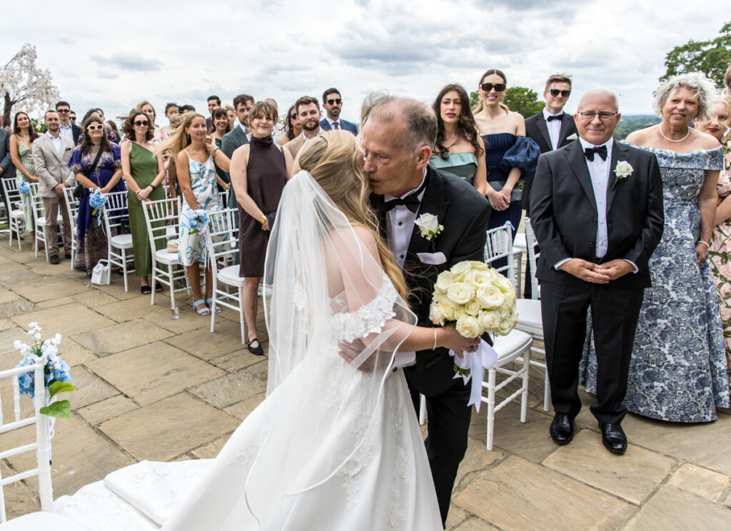 father, peck on cheek, daughter, bride, wedding, Pembroke Lodge, Marry. wedding