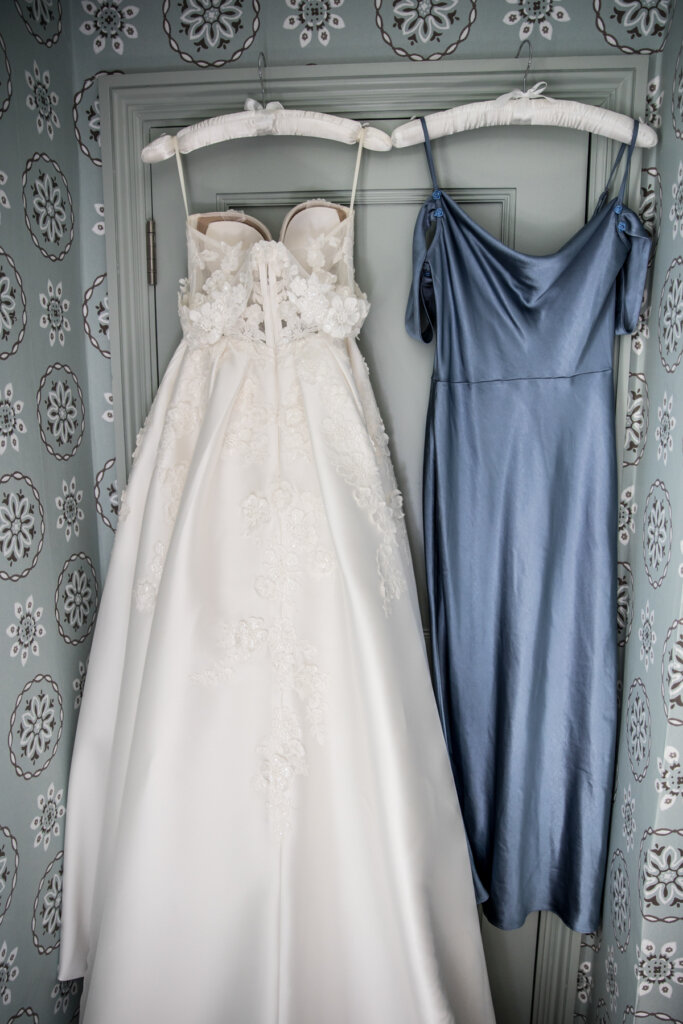 wedding, dress, bridesmaid dress, hangs, hanging, hotel, room