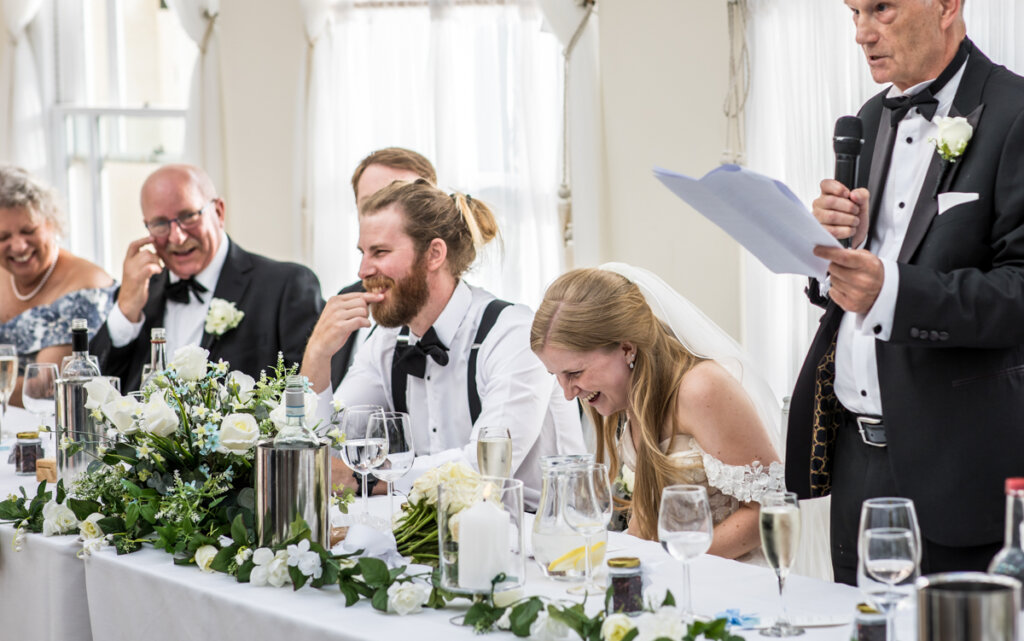 fun, laugh, laughter, top table, bride, groom 