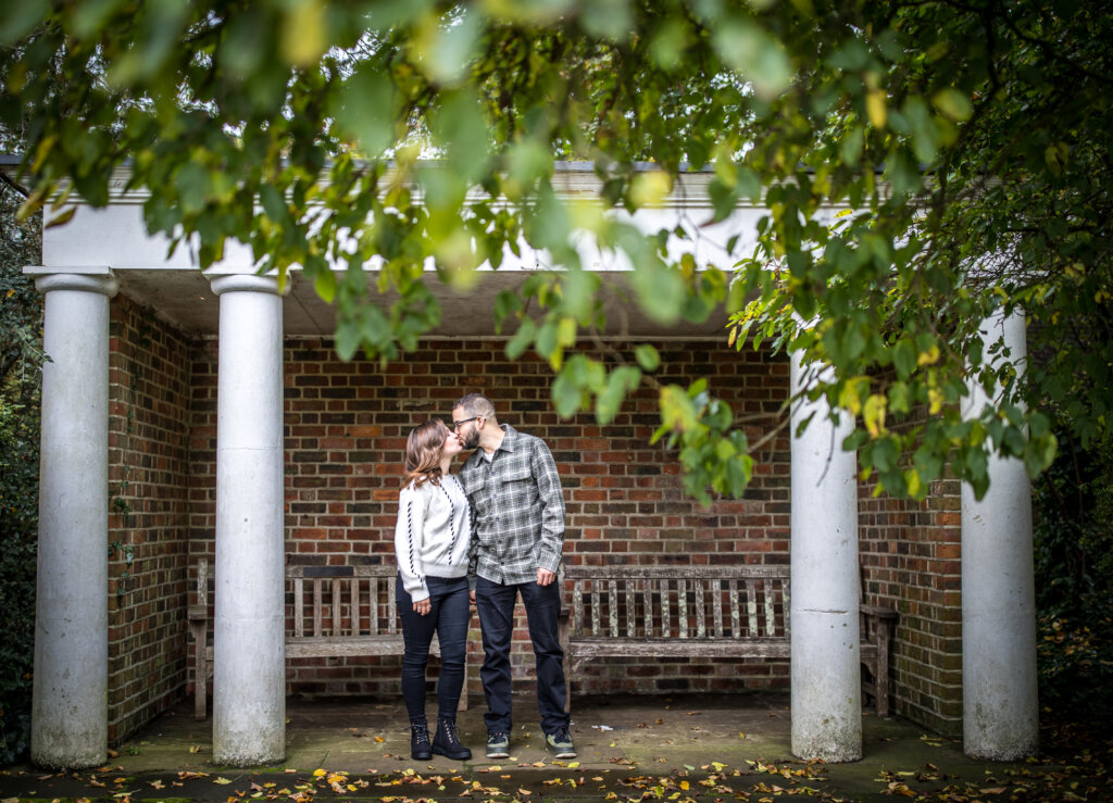 Harriet and Aaron enjoying their pre-wedding engagement photos, Autumn at Cannizaro Park.