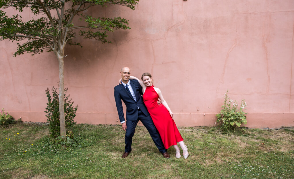 Rhianna & Haroon engagement photos at Cannizaro Park with a slight Wes Anderson influence.
